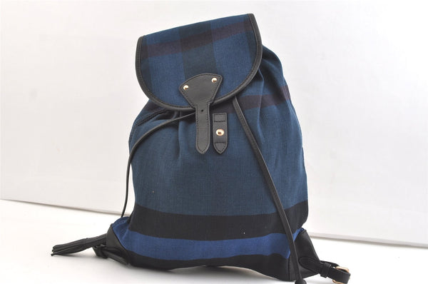 Authentic BURBERRY Check Canvas Leather Drawstring Backpack Navy Blue Junk 1882K