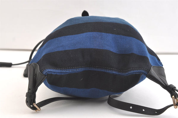 Authentic BURBERRY Check Canvas Leather Drawstring Backpack Navy Blue Junk 1882K