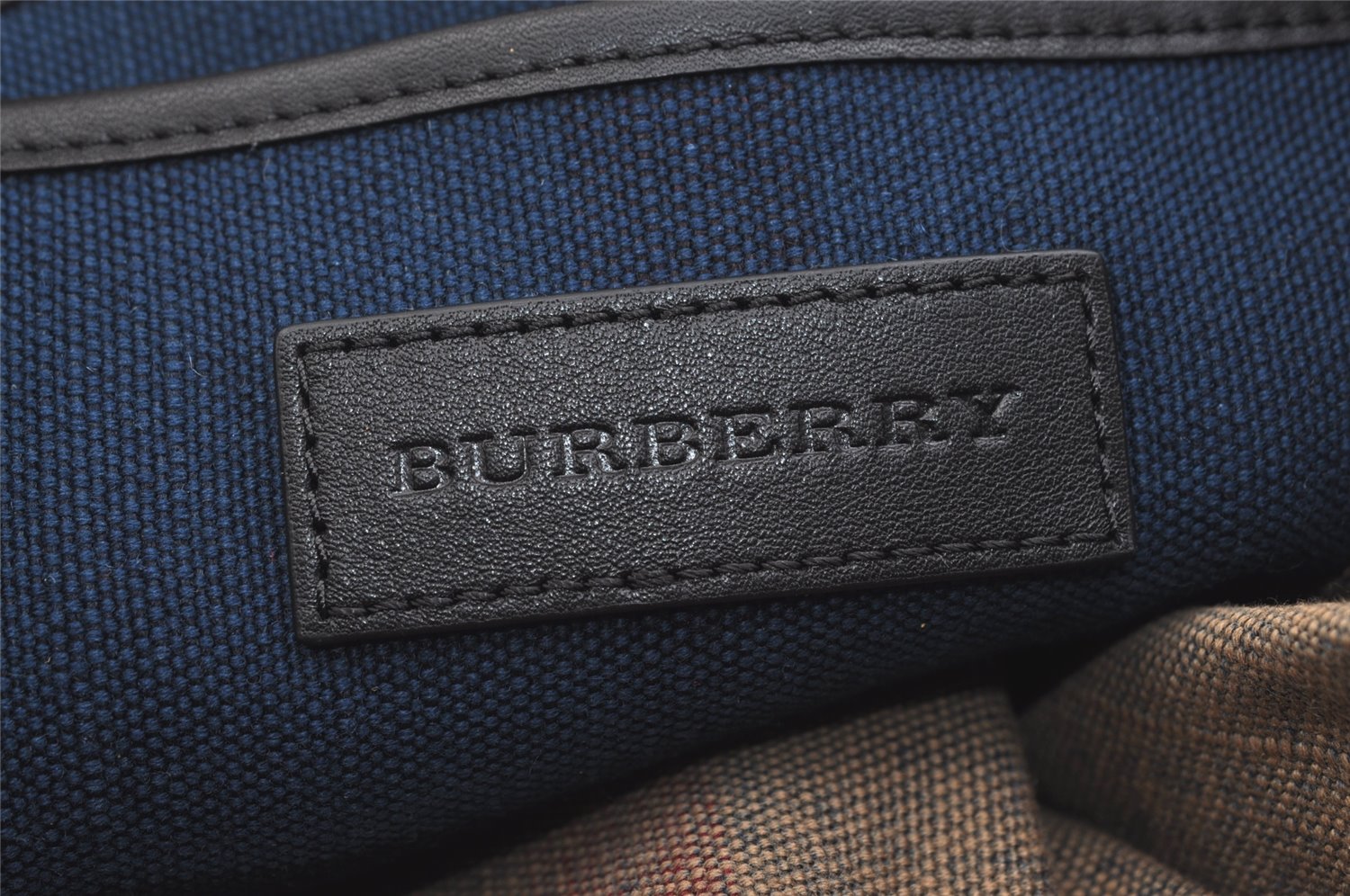 Authentic BURBERRY Check Canvas Leather Drawstring Backpack Navy Blue Junk 1882K