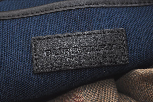 Authentic BURBERRY Check Canvas Leather Drawstring Backpack Navy Blue Junk 1882K