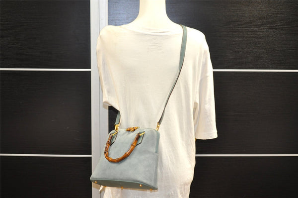 Authentic GUCCI Bamboo 2way Hand Shoulder Crossbody Bag Suede Leather Blue 1883I
