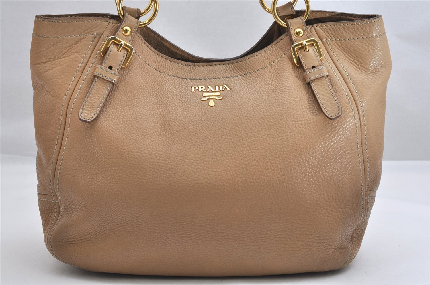 Authentic PRADA Vintage Leather Shoulder Tote Bag Beige 1884K