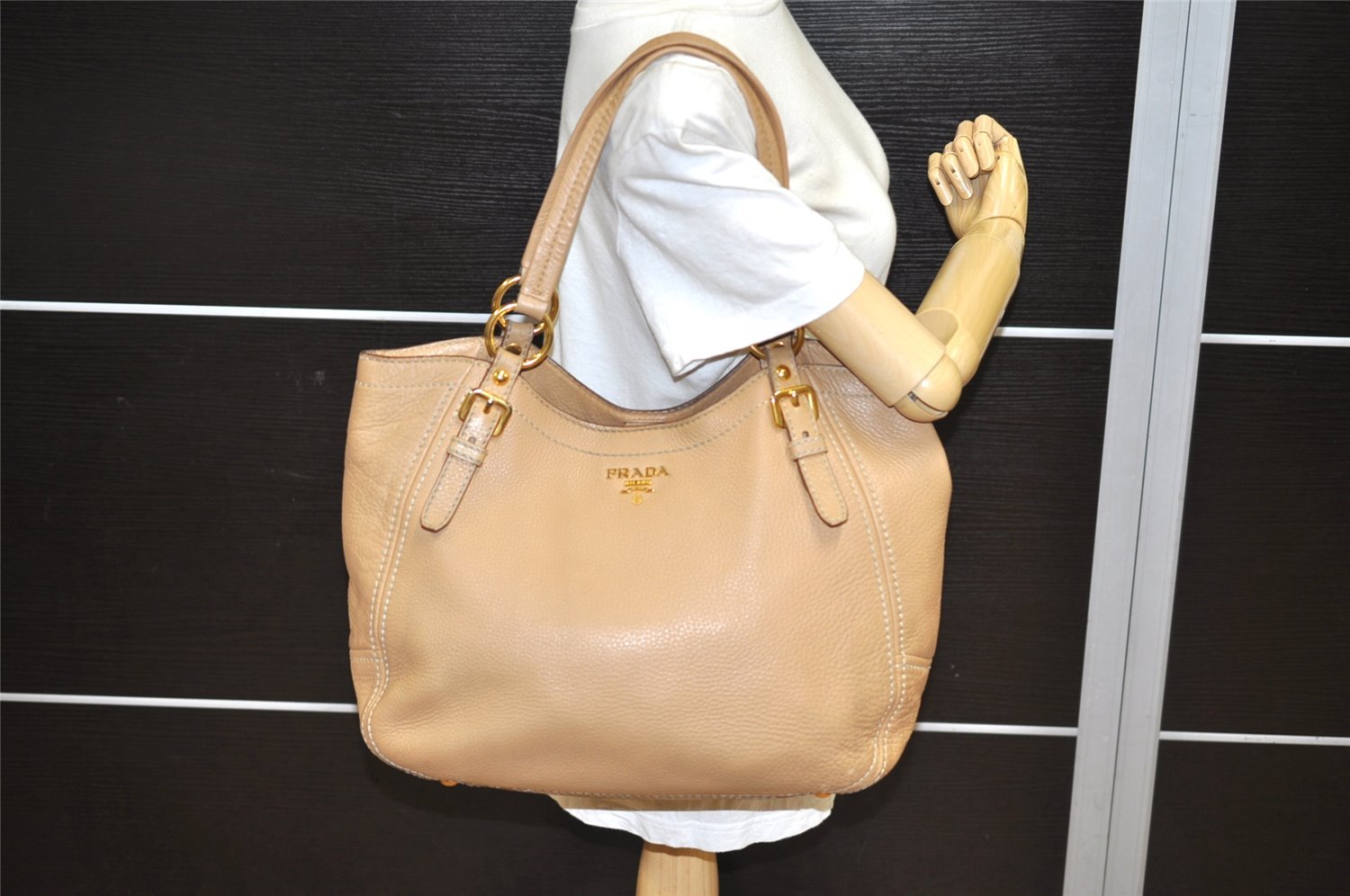 Authentic PRADA Vintage Leather Shoulder Tote Bag Beige 1884K