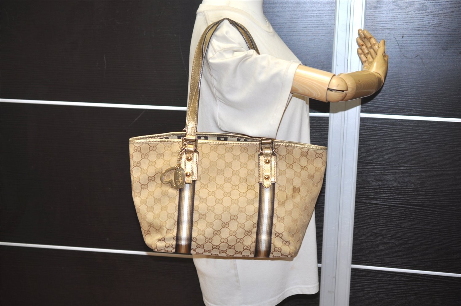 Authentic GUCCI Sherry Line Tote Bag GG Canvas Leather 137396 Beige Gold 1887K