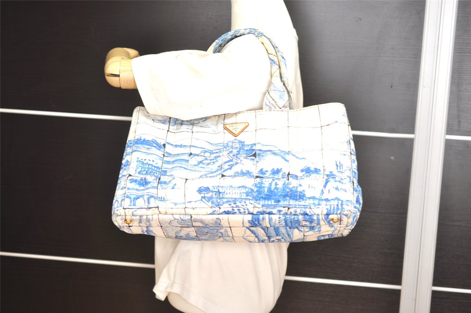 Authentic PRADA Canapa L Canvas Tote Hand Bag Blue White 1889I