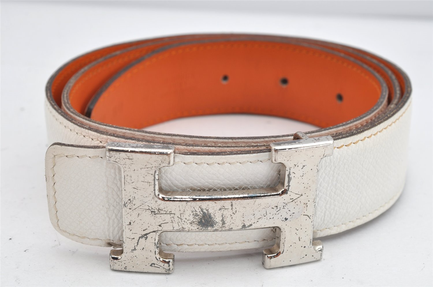 Authentic HERMES Constance Leather Belt Size 80cm 31.5inches White Brown 1889K