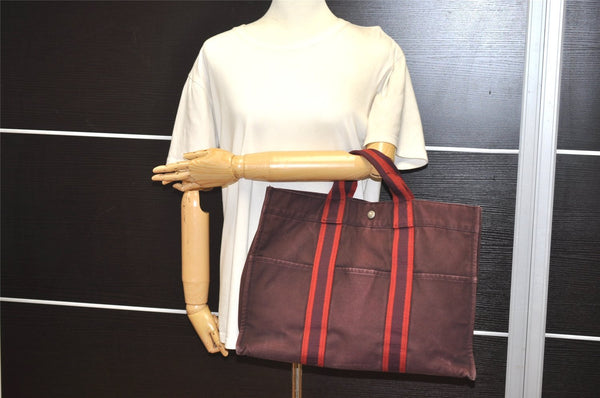 Authentic HERMES Fourre Tout MM Vintage Hand Tote Bag Canvas Wine Red 1892I