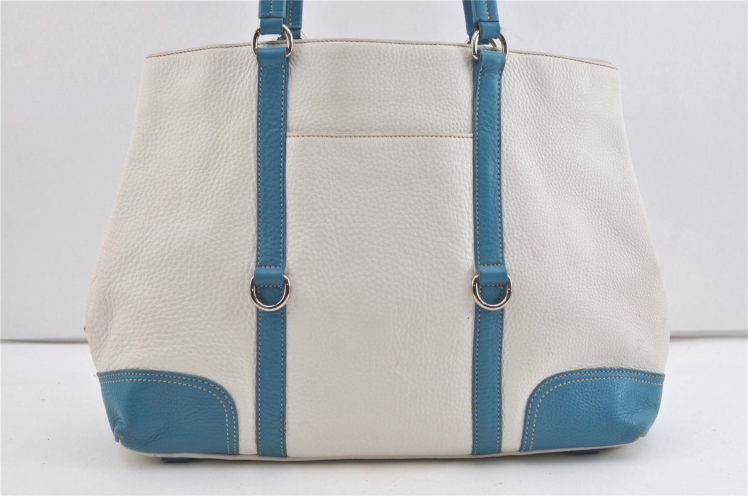 Authentic PRADA VIT DAINO LIFE Leather Shoulder Tote Bag BR2920 White Blue 1900J