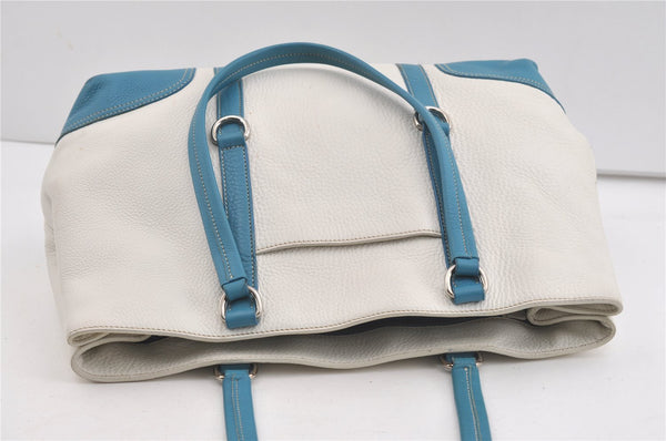 Authentic PRADA VIT DAINO LIFE Leather Shoulder Tote Bag BR2920 White Blue 1900J