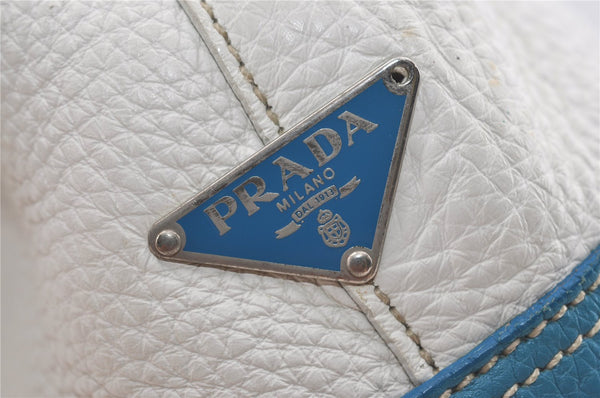 Authentic PRADA VIT DAINO LIFE Leather Shoulder Tote Bag BR2920 White Blue 1900J