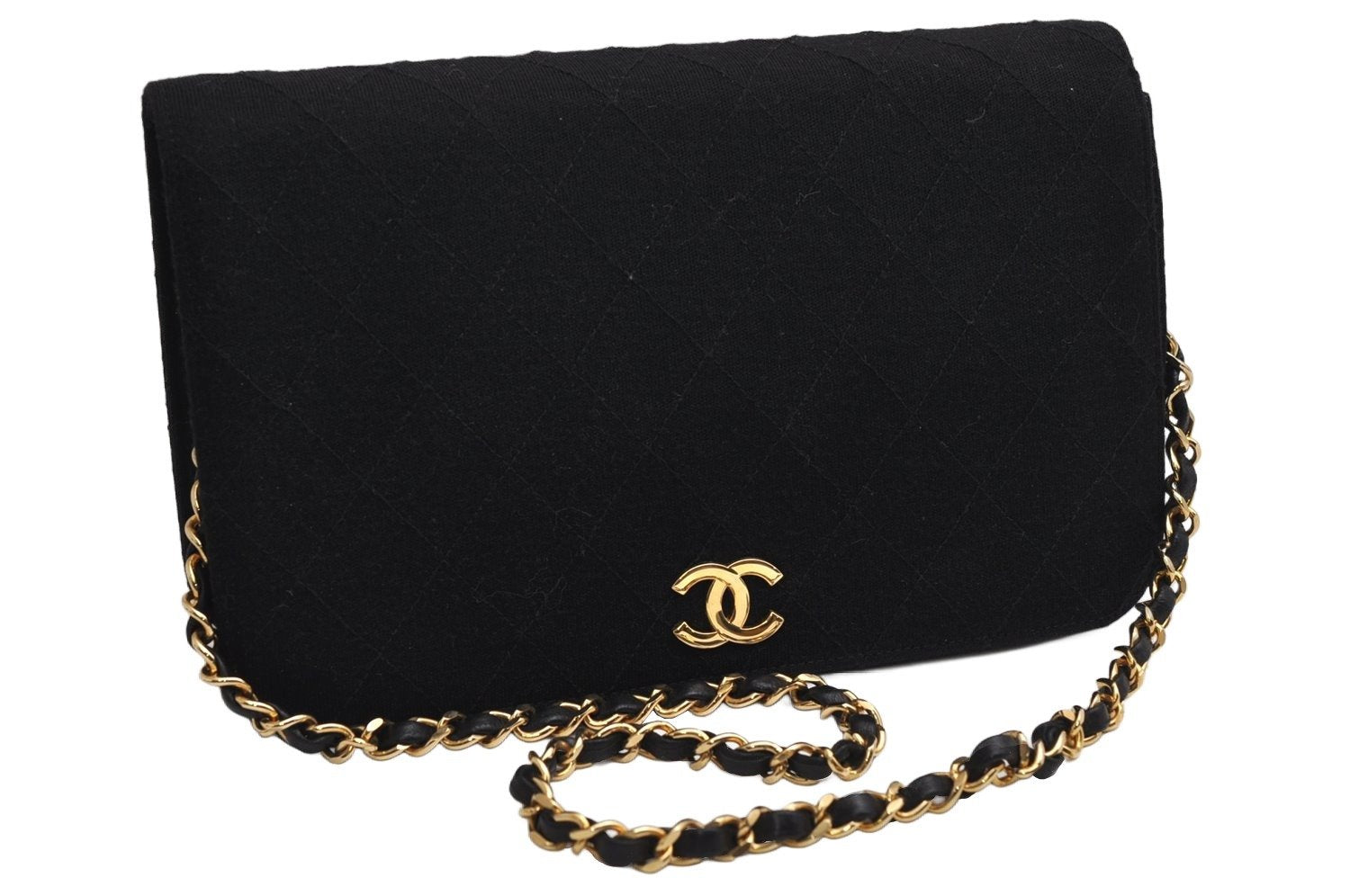 Authentic CHANEL Cotton Matelasse Chain Shoulder Bag Purse Black Junk 1904K