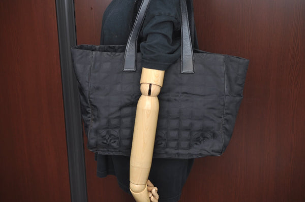 Authentic CHANEL New Travel Line Vintage Tote Bag Nylon Leather Black Junk 1911J