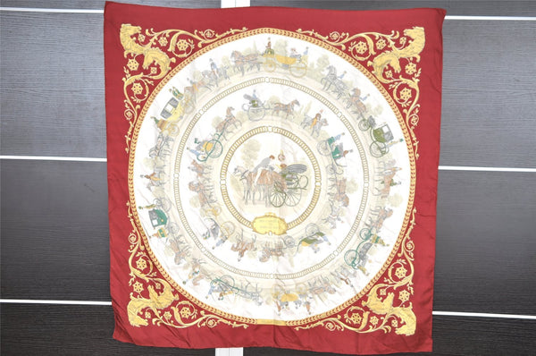 Authentic HERMES Carre 90 Scarf "LA PROMENADE DE LONGCHAMPS" Silk Bordeaux 1912I