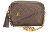 Authentic CHANEL Lamb Skin Turnlock Matelasse Chain Shoulder Bag Brown CC 1912J