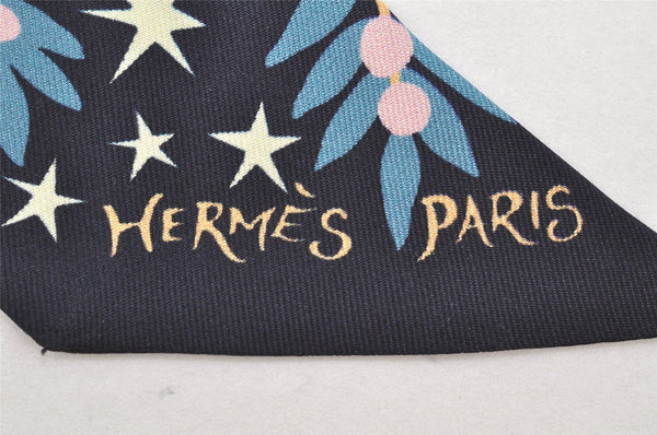 Authentic HERMES Twilly Scarf "LE CHARME D'ORPHEE" Silk Black 1913I