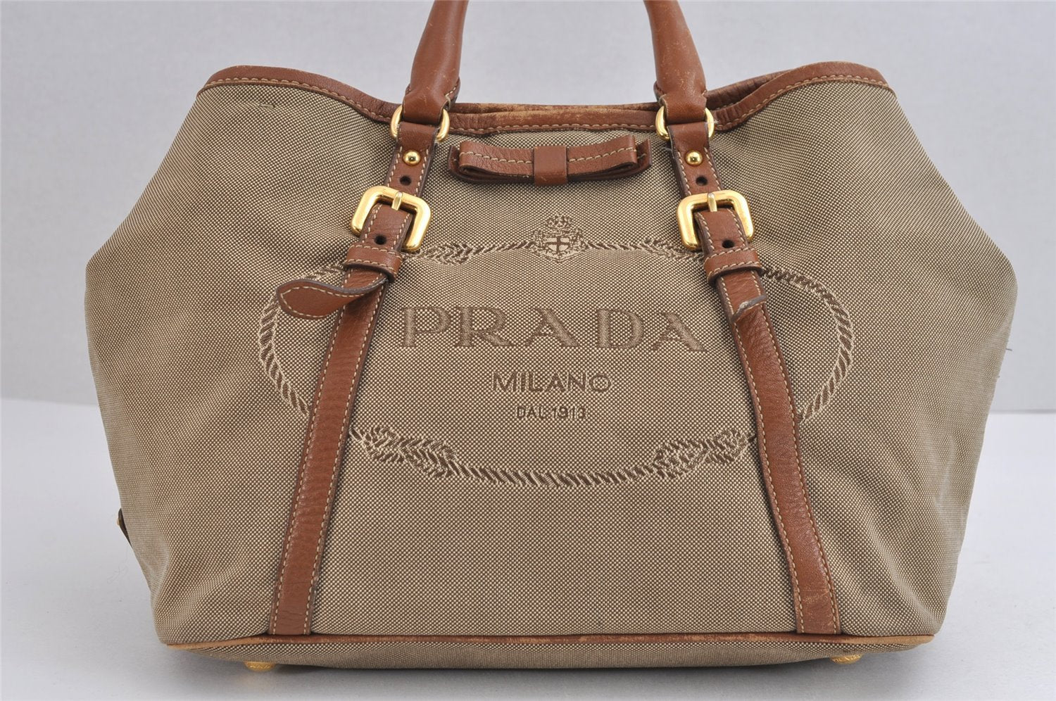 Authentic PRADA Vintage Ribbon Canvas Leather 2Way Shoulder Tote Bag Beige 1916J