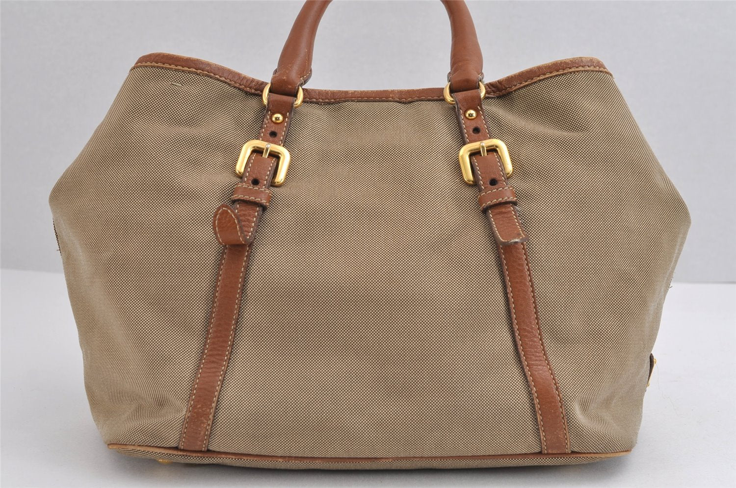 Authentic PRADA Vintage Ribbon Canvas Leather 2Way Shoulder Tote Bag Beige 1916J