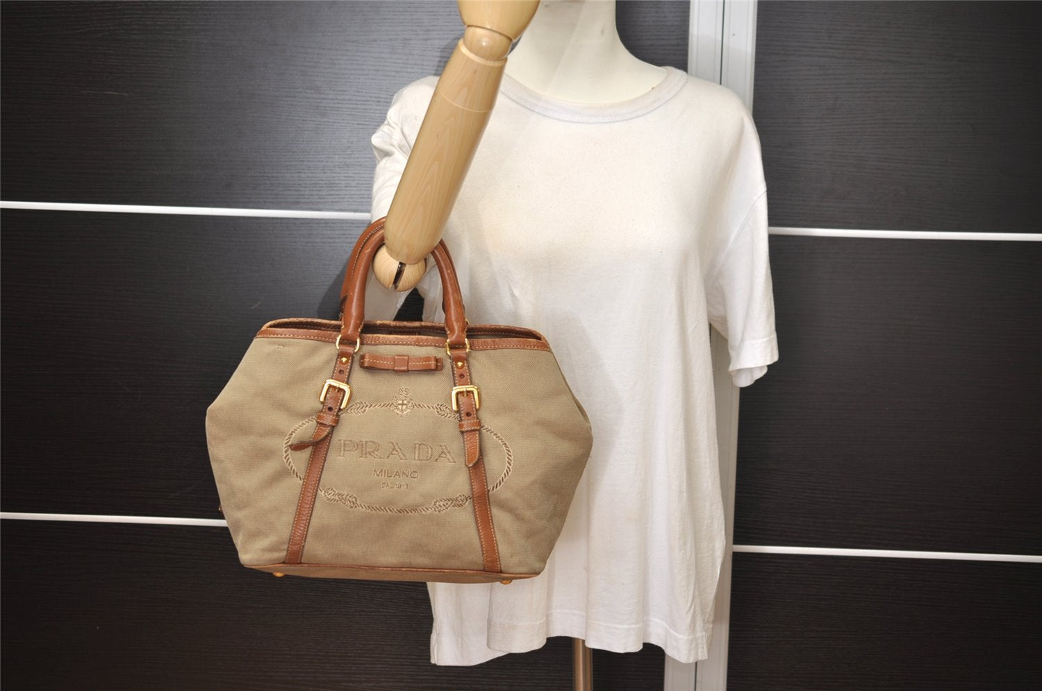 Authentic PRADA Vintage Ribbon Canvas Leather 2Way Shoulder Tote Bag Beige 1916J