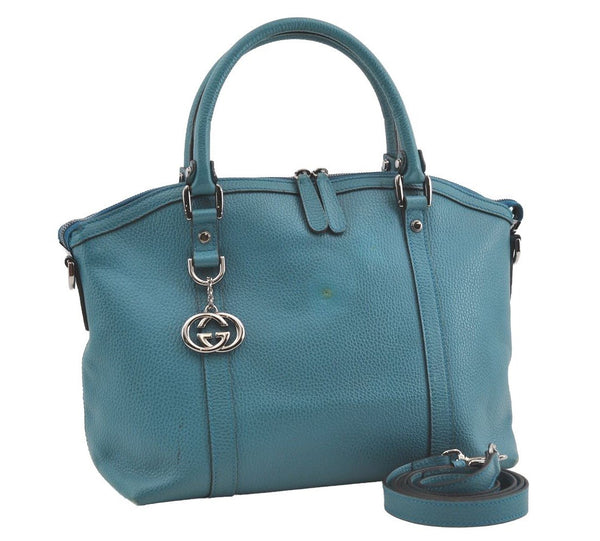 Authentic GUCCI Interlocking G 2Way Hand Shoulder Bag Leather 341503 Blue 1918J