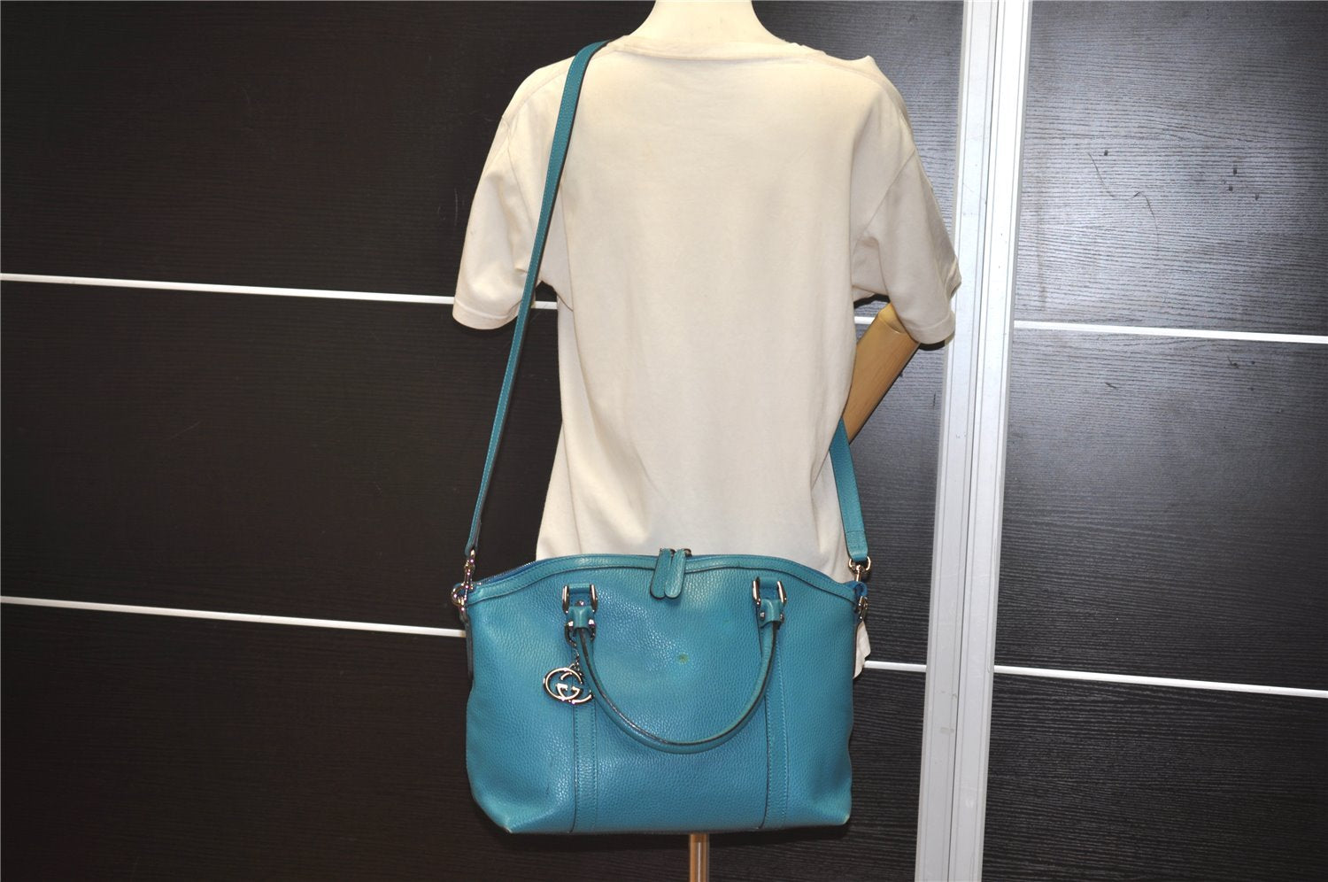 Authentic GUCCI Interlocking G 2Way Hand Shoulder Bag Leather 341503 Blue 1918J