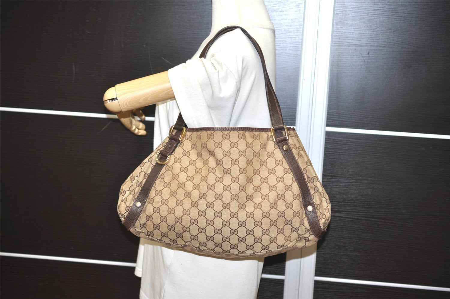 Authentic GUCCI Abbey Shoulder Tote Bag GG Canvas Leather 130736 Brown 1924I