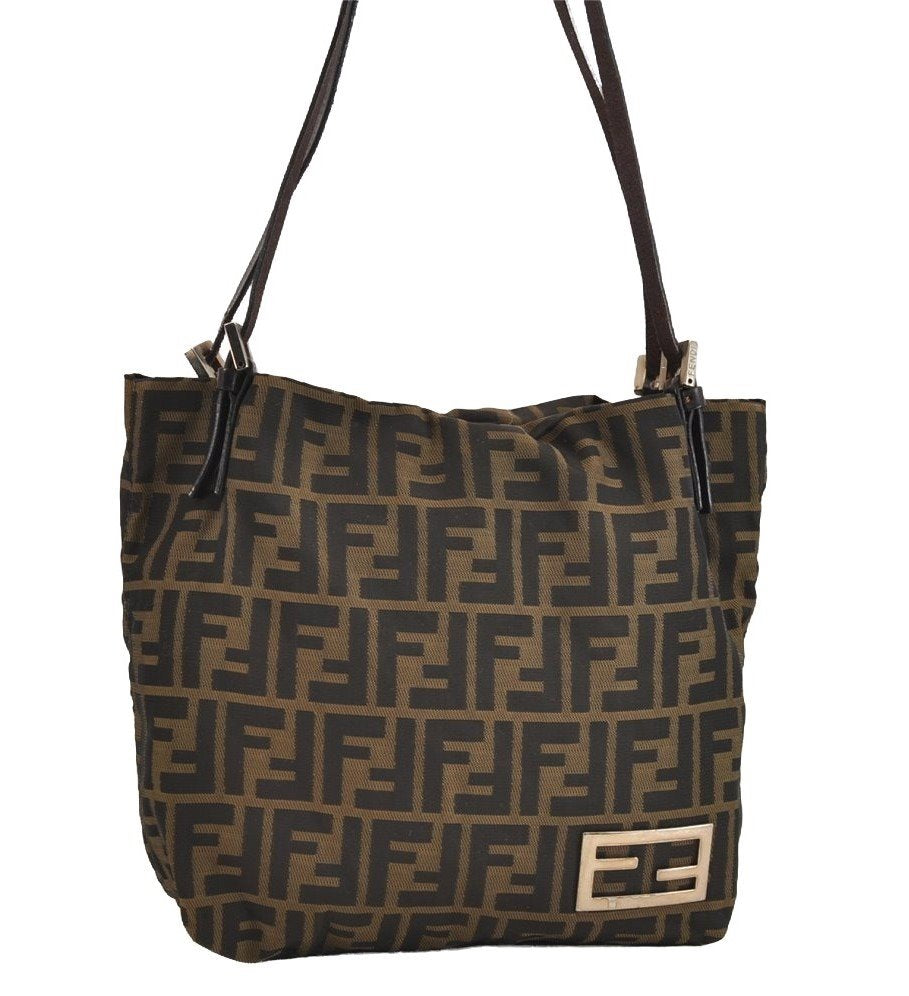 Authentic FENDI Zucca Vintage Shoulder Tote Bag Purse Canvas Leather Brown 1929J