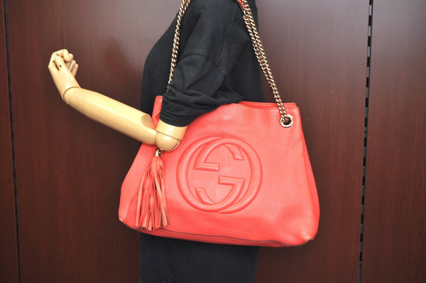 Authentic GUCCI SOHO Tassel Shoulder Tote Bag Chain Leather 308982 Pink 1931J