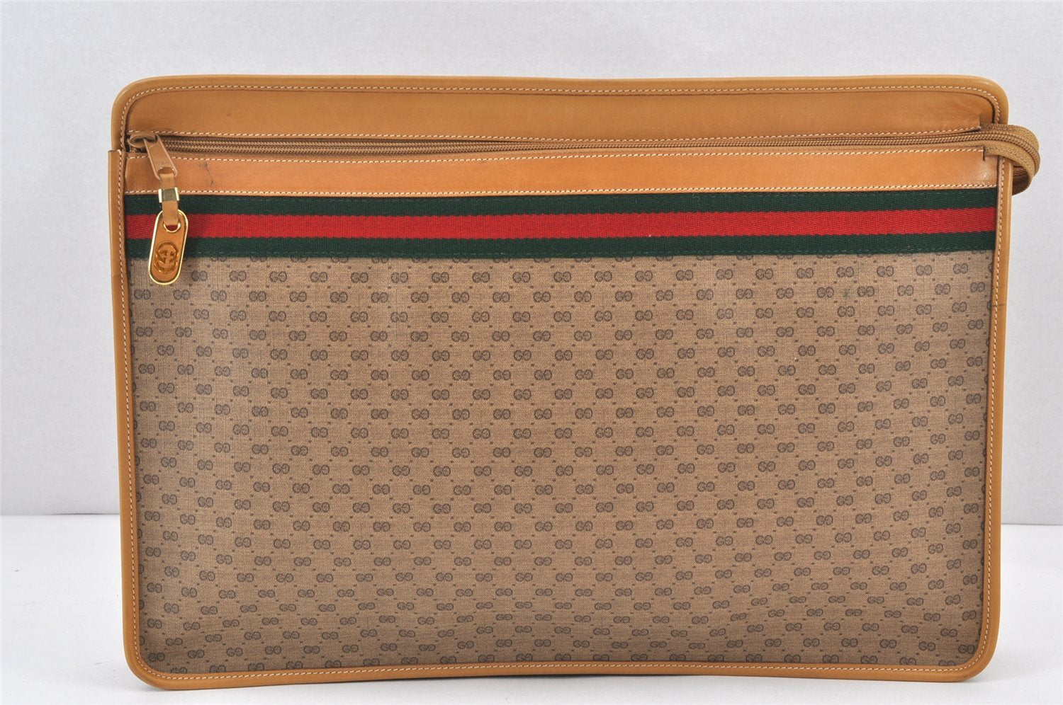 Authentic GUCCI Web Sherry Line Micro GG PVC Leather Documents Case Brown 1951K