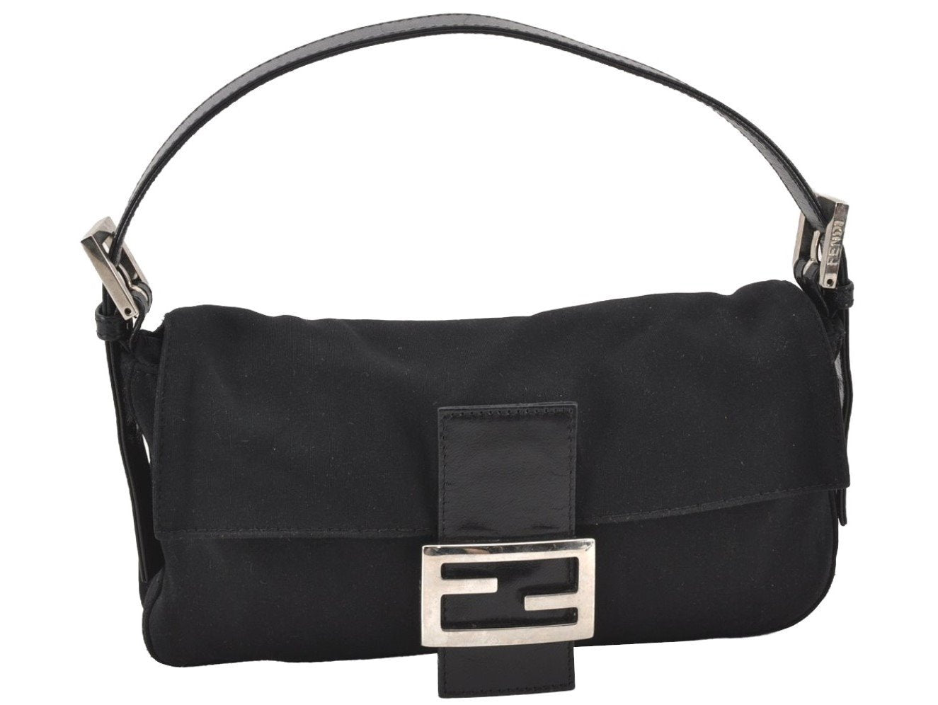 Authentic FENDI Mamma Baguette Shoulder Hand Bag Jersey Leather Black 1952J