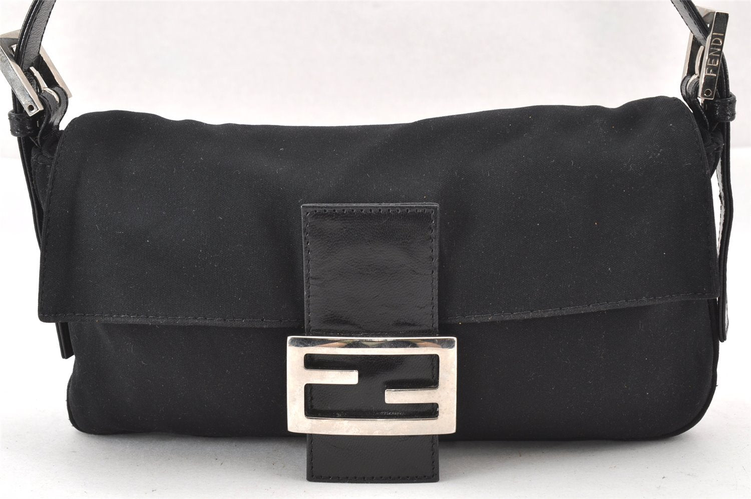 Authentic FENDI Mamma Baguette Shoulder Hand Bag Jersey Leather Black 1952J