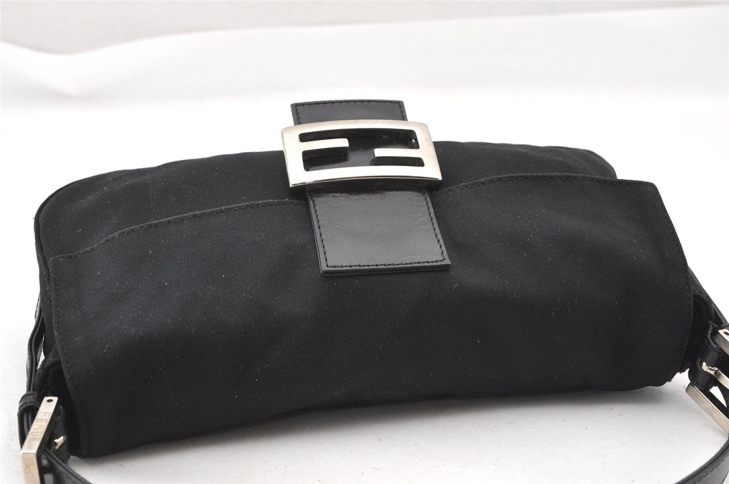 Authentic FENDI Mamma Baguette Shoulder Hand Bag Jersey Leather Black 1952J