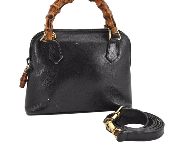 Authentic GUCCI Vintage Bamboo 2Way Shoulder Hand Bag Purse Leather Black 1952K