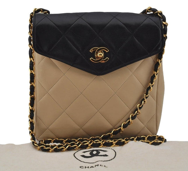 Authentic CHANEL Calf Skin Turnlock Matelasse Chain Shoulder Bag Beige 1953J