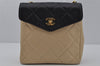 Authentic CHANEL Calf Skin Turnlock Matelasse Chain Shoulder Bag Beige 1953J