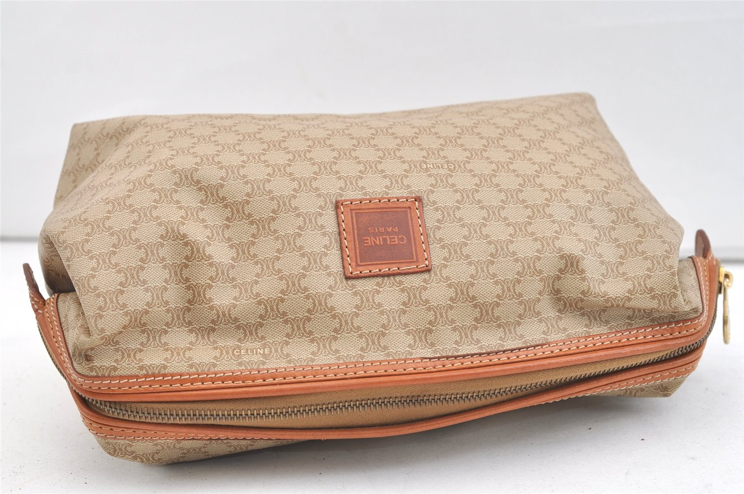 Authentic CELINE Macadam Blason Pattern Clutch Hand Bag PVC Leather Beige 1953K