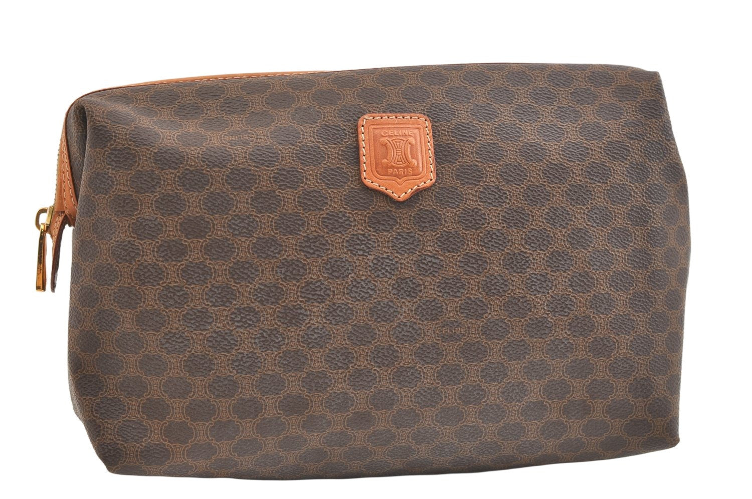 Authentic CELINE Macadam Blason Pattern Clutch Hand Bag PVC Leather Brown 1955K