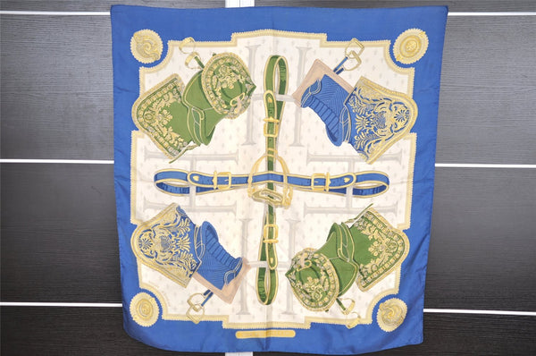 Authentic HERMES Carre 90 Scarf "SELLES A HOUSSE" Silk Blue 1958I