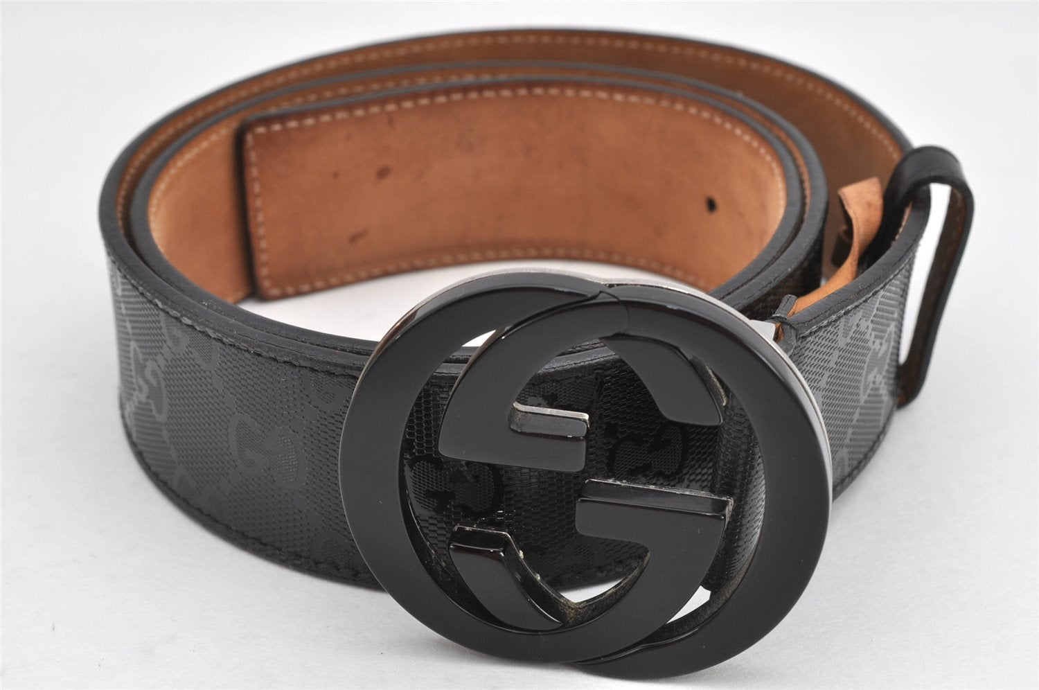 Authentic GUCCI GG Imprime Interlocking G Belt PVC Leather 90 35.4