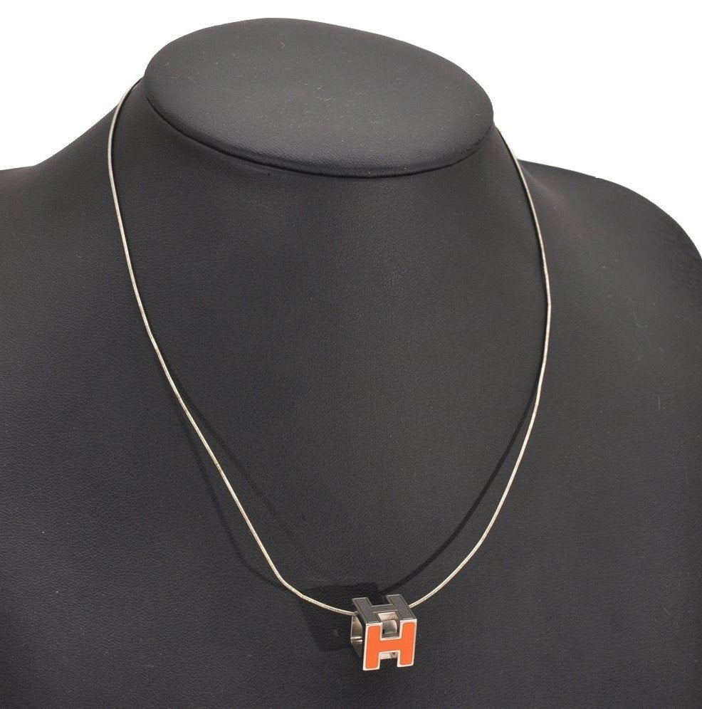 Authentic HERMES Cage De Ash H Cube Pendant Necklace Silver Orange Box 1976J