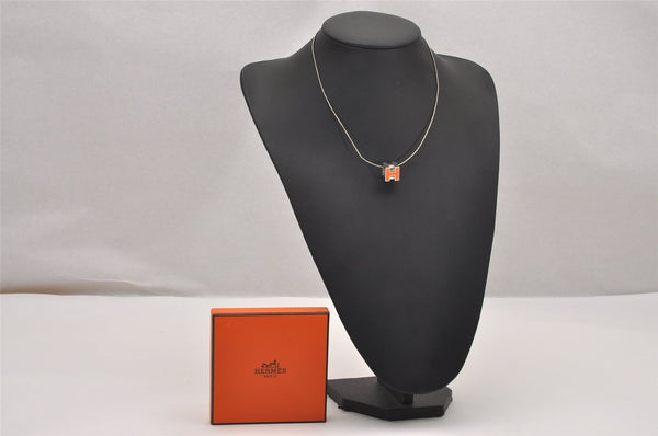 Authentic HERMES Cage De Ash H Cube Pendant Necklace Silver Orange Box 1976J