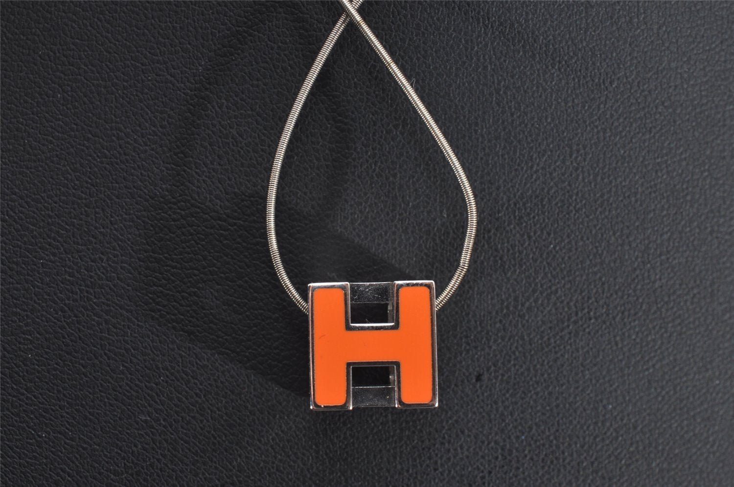 Authentic HERMES Cage De Ash H Cube Pendant Necklace Silver Orange Box 1976J