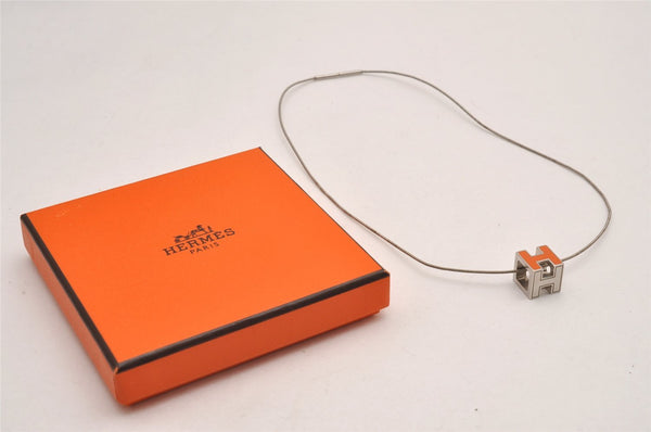 Authentic HERMES Cage De Ash H Cube Pendant Necklace Silver Orange Box 1976J