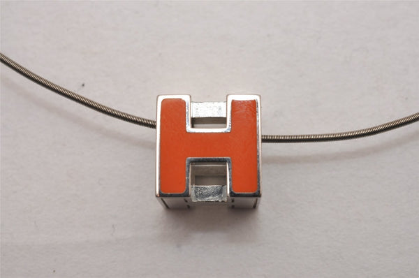 Authentic HERMES Cage De Ash H Cube Pendant Necklace Silver Orange Box 1976J