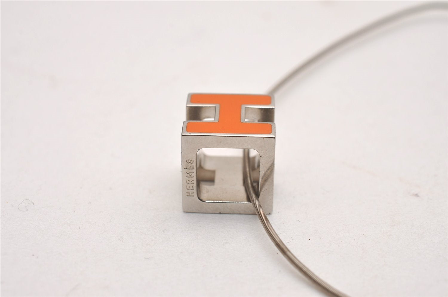 Authentic HERMES Cage De Ash H Cube Pendant Necklace Silver Orange Box 1976J