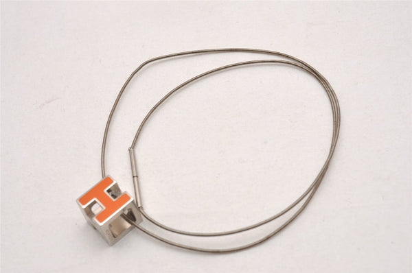 Authentic HERMES Cage De Ash H Cube Pendant Necklace Silver Orange Box 1976J