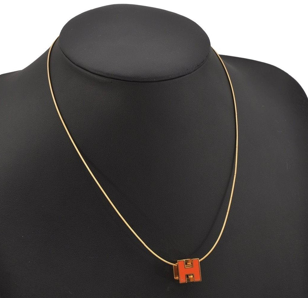 Authentic HERMES Cage De Ash H Cube Pendant Necklace Gold Orange Box 1977J