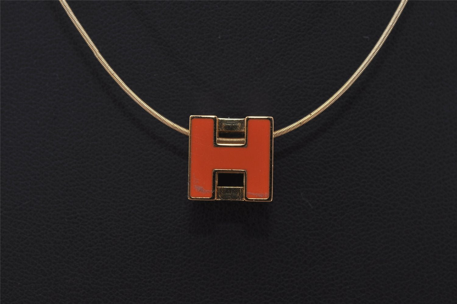 Authentic HERMES Cage De Ash H Cube Pendant Necklace Gold Orange Box 1977J