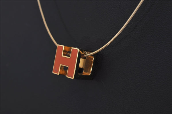 Authentic HERMES Cage De Ash H Cube Pendant Necklace Gold Orange Box 1977J