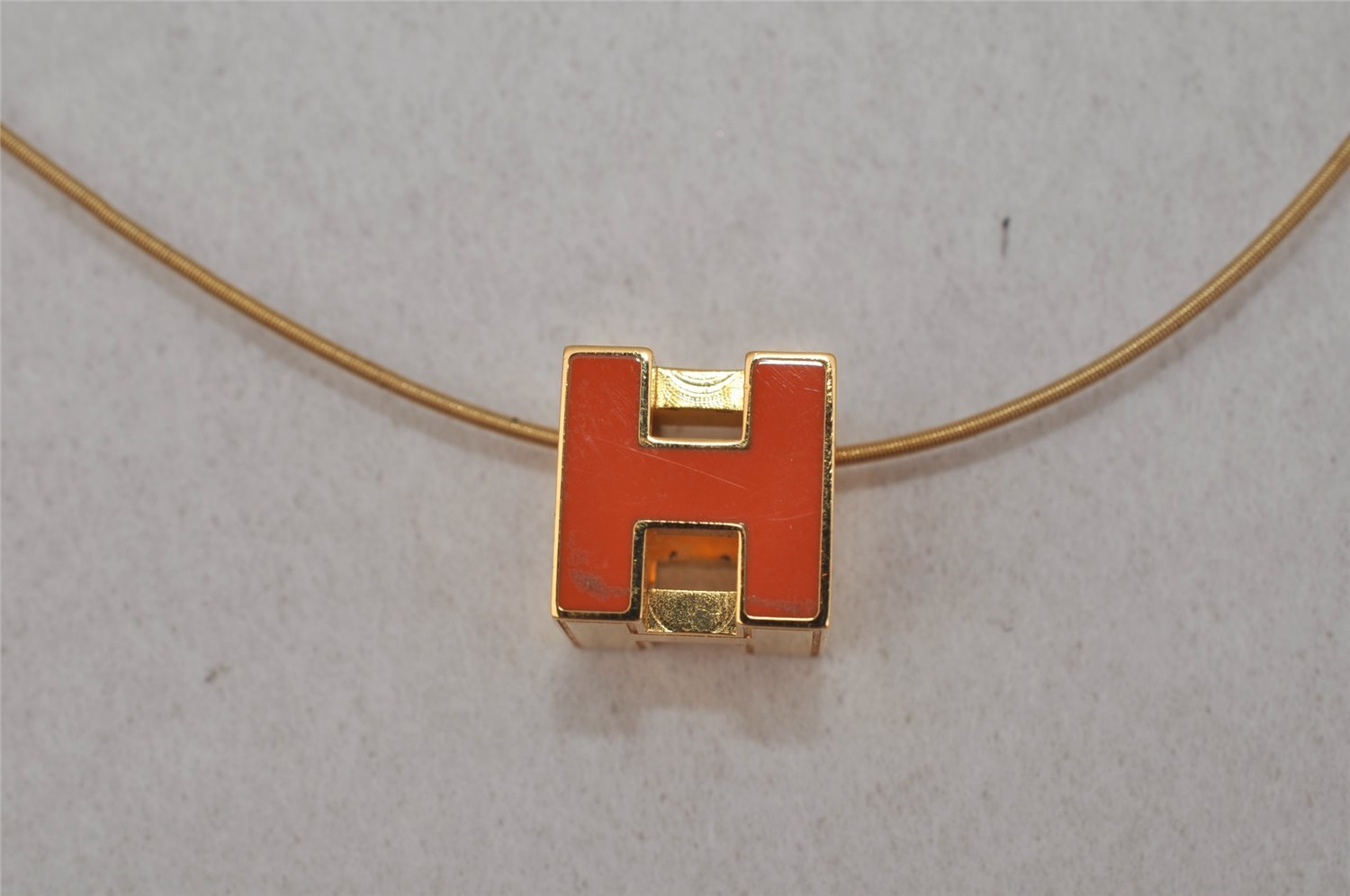 Authentic HERMES Cage De Ash H Cube Pendant Necklace Gold Orange Box 1977J