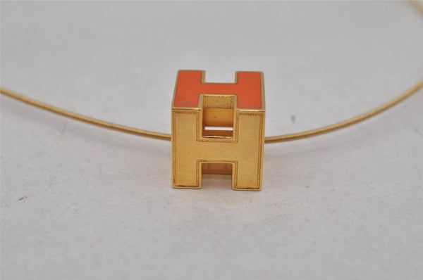 Authentic HERMES Cage De Ash H Cube Pendant Necklace Gold Orange Box 1977J